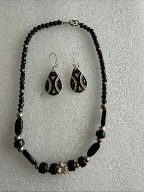 Black Faceted Bead Necklace & Matching Teardrop Earrings Set | Art Deco Rhinesto